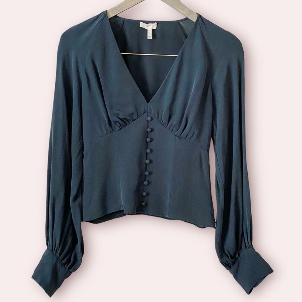JOIE Alurea Silk Corset Top 70s Style Puff Princess Sleeves in Dark Teal